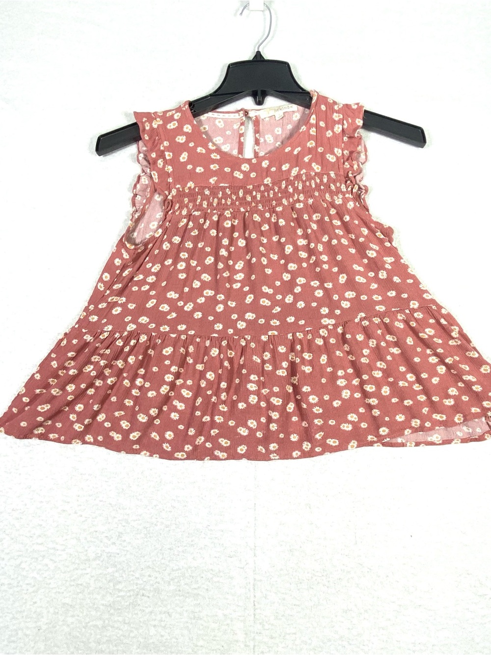 Rewind Sleeveless Smocked Peplum Blouse Women's S Pink Ditsy Floral Babydoll Top